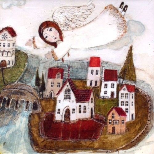 Obrazek - KAFELEK Anioł nad miastem 15x15cm (ceramiczny) - 63560