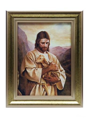 Obraz 30x40cm Pan Jezus Dobry Pasterz (z owieczką) NA PŁÓTNIE rama złota - 61774