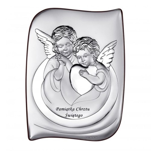 Obraz srebrny 13x10cm Dwa aniołki (serce) Pamiątka Chrztu Św. prostokąt - 54807