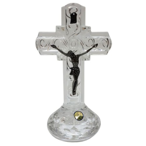 Krzyż stojący kryształowy rzeźbiony 18cm + miseczka - 50044