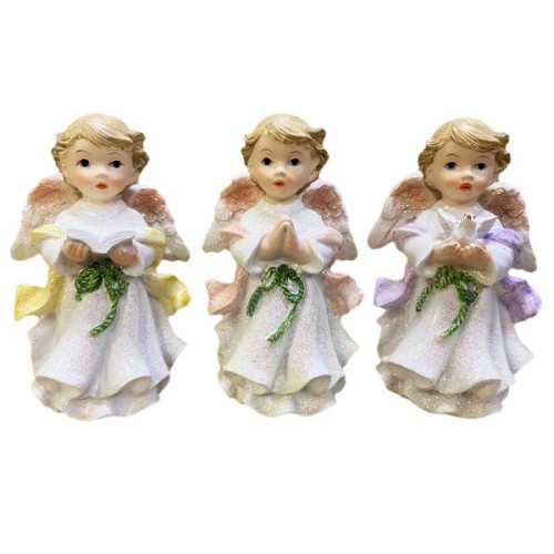 Figura Anioł stojący 10cm ze wstążką biały (różne wzory 3) - 35083