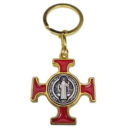 Brelok metalowy - krzyż Św. Benedykta z CZERWONĄ wkładka na "złotym" łańcuszku - 12155 5902689380068