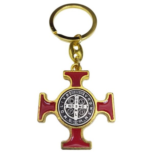 Brelok metalowy - krzyż Św. Benedykta z CZERWONĄ wkładka na "złotym" łańcuszku - 12155 5902689380068