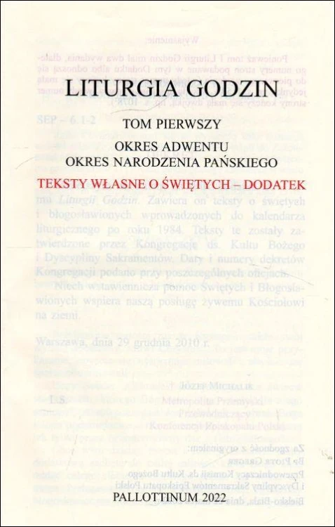 Liturgia Godzin Teksty własne o świętych DODATEK Tom 1 (książka) - -, modlitwa, Wydawnictwo Pallottinum, 2022 r., oprawa miękka - 23472 9788370149352