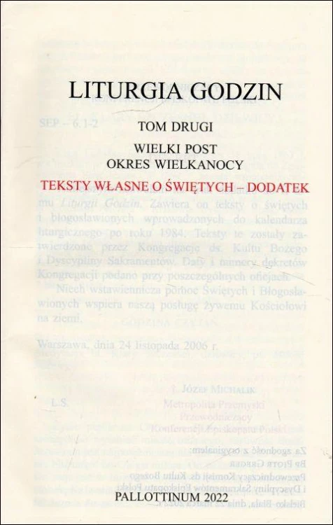 Liturgia Godzin Teksty własne o świętych DODATEK Tom 2 (książka) - -, obrzędy rytuały, Wydawnictwo Pallottinum, 2022 r., oprawa miękka - 22400 9788370149369