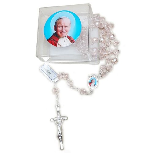Różaniec w pudełku z Janem Pawłem II RÓŻOWY kryształ *8mm - 68812