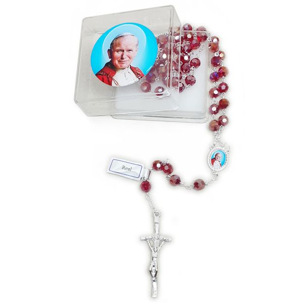 Różaniec w pudełku z Janem Pawłem II CZERWONY kryształ *8mm - 68811