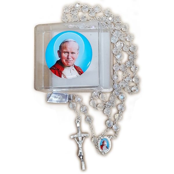 Różaniec w pudełku z Janem Pawłem II BIAŁY kryształ *8mm - 68809