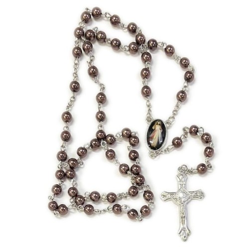 Różaniec kulka perła brązowa ł.Pan Jezus Miłosierny (kolor) - 68485