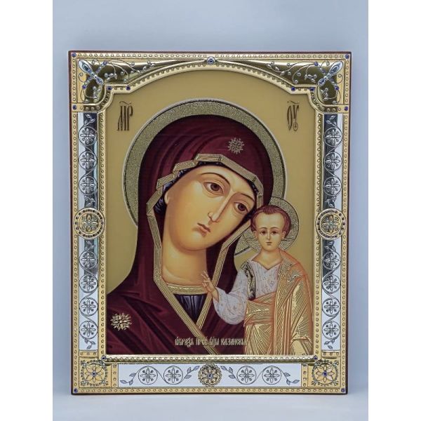 Ikona (grecka) srebrna kolorowa Matka Boża Kazańska 11,5x14cm z szybką - 68421 8056216716411