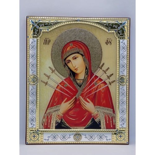 Ikona (grecka) srebrna kolorowa Matka Boża Bolesna (miecze) 11,5x14cm z szybką - 68420 8056216716510