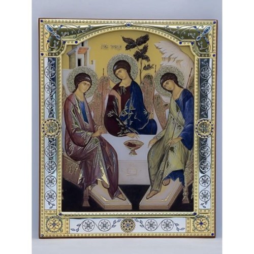 Ikona (grecka) srebrna kolorowa Trójca Rublowa 11,5x14cm z szybką - 68419 8058301719208