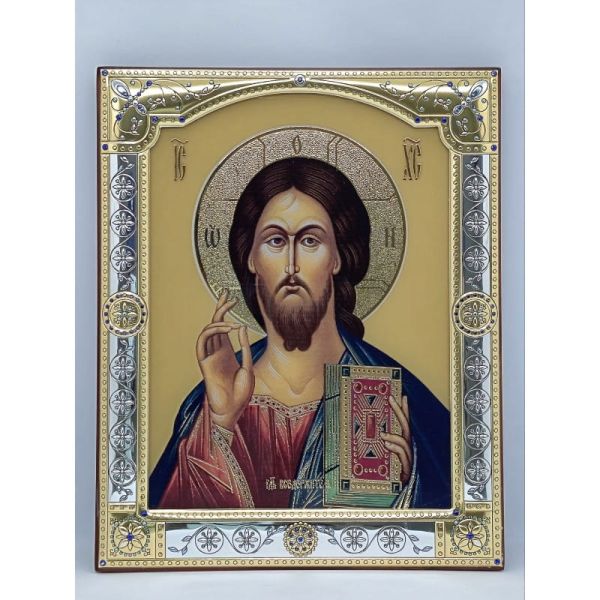Ikona (grecka) srebrna kolorowa Jezus Pantokrator 11,5x14 cm - 68418 8056216716374
