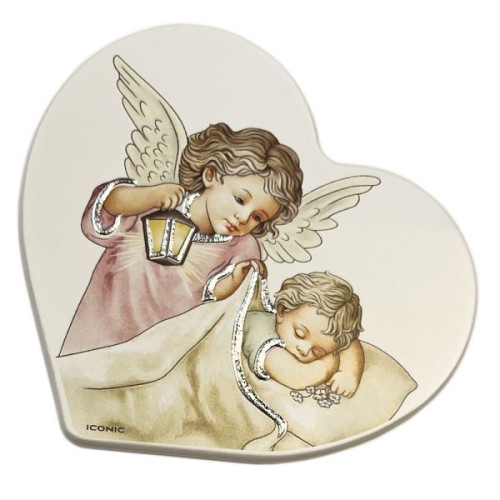 Obrazek na drewnie 16x14cm Anioł Stroż (latarka) w sercu RÓŻOWY - ! - 68314 8056216717777
