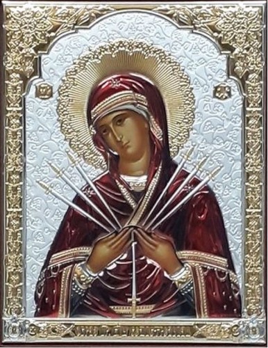 Ikona (grecka) srebrna kolorowa pozłacana Matka Boża Bolesna (miecze) 14x18 cm - 67822              