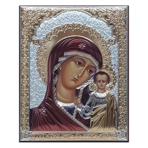 Ikona (grecka) srebrno-kolorowa pozłacana Matka Boża Kazańska 10x12,5 cm - 67316              