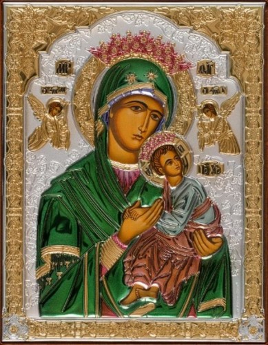 Ikona (grecka) srebrna kolorowa pozłacana Matka Boża Nieustającej Pomocy 10x12,5 cm - 67308