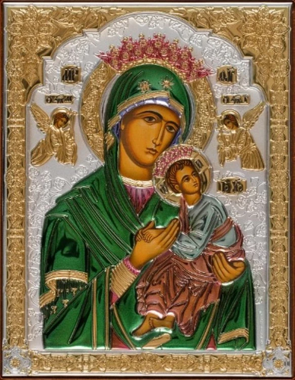 Ikona (grecka) srebrna kolorowa pozłacana Matka Boża Nieustającej Pomocy 10x12,5 cm - 67308