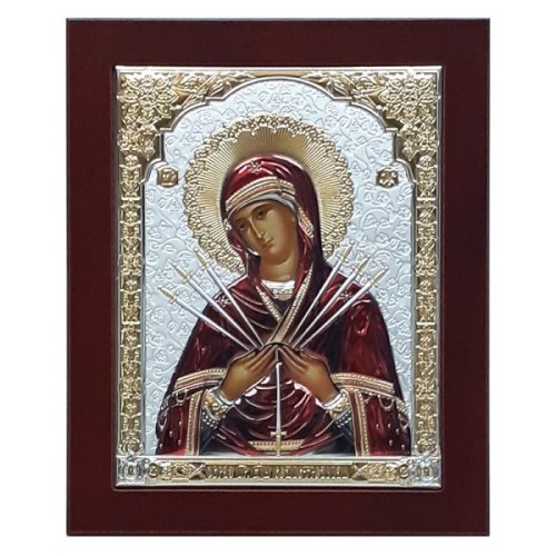Ikona (grecka) srebrna kolorowa pozłacana Matka Boża Bolesna (miecze) 18x22 cm - 67307              