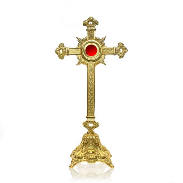 Relikwiarz KRZYŻ 41cm (odlew mosiężny, śr. repozytorium 4,6cm) - 67156