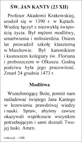 Obrazek bł. Jan Kanty. Biografia + Modlitwa: Wszechmogący Boże, pomóż nam naśladować... - 66971