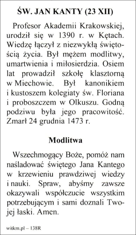 Obrazek bł. Jan Kanty. Biografia + Modlitwa: Wszechmogący Boże, pomóż nam naśladować... - 66971