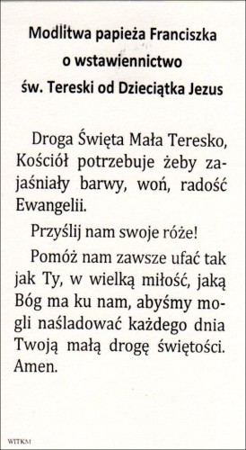 Obrazek Św. Teresa z Liseux. Modlitwa papieża Franciszka o wstawiennictwo św. Tereski od dzieciątka Jezus - ! - 66736