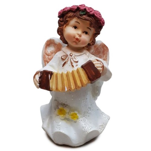 Figura Anioł stojący 9cm biało - złoty z instrumentem - 66027