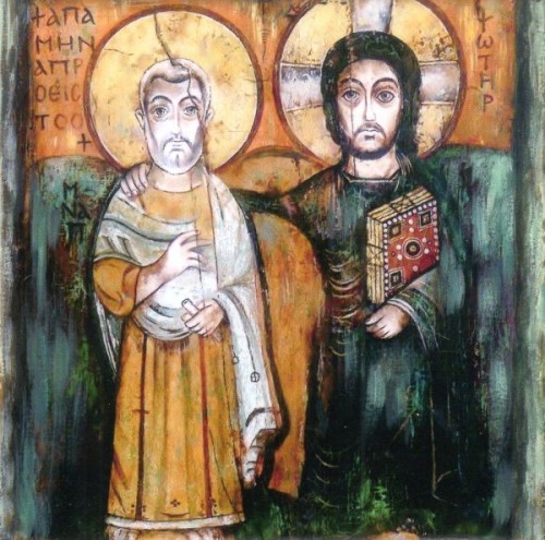 Ikona na ceramice 15x15cm Św. Menas z Jezusem (Ikona przyjaźni) - 65047