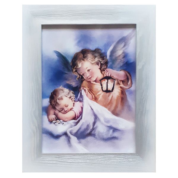 Obraz 51x41cm Anioł Stróż latarka SZARY rama biał-srebrna - 64959