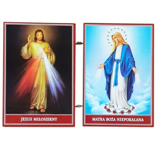 Ikona dyptyk Jezus Miłosierny/Matka Boża Niepokalana drewniana składana 8cm - 64812