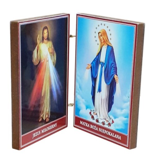Ikona dyptyk Jezus Miłosierny/Matka Boża Niepokalana drewniana składana 8cm - 64812
