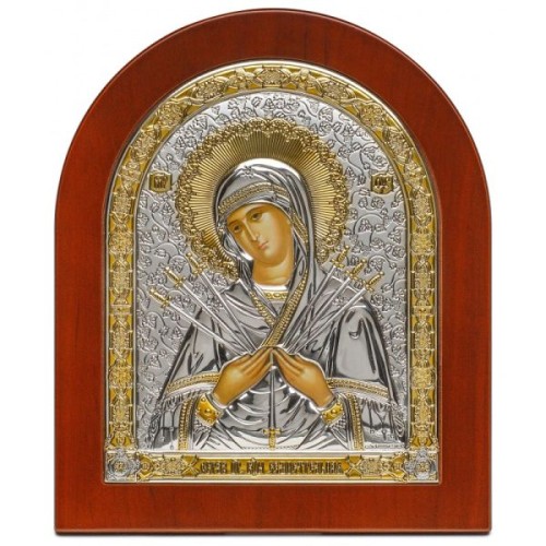 Ikona (grecka) srebrna częściowo pozłacana Matka Boża Bolesna (miecze) 13x15 cm ŁUK - 64557 8059307190589