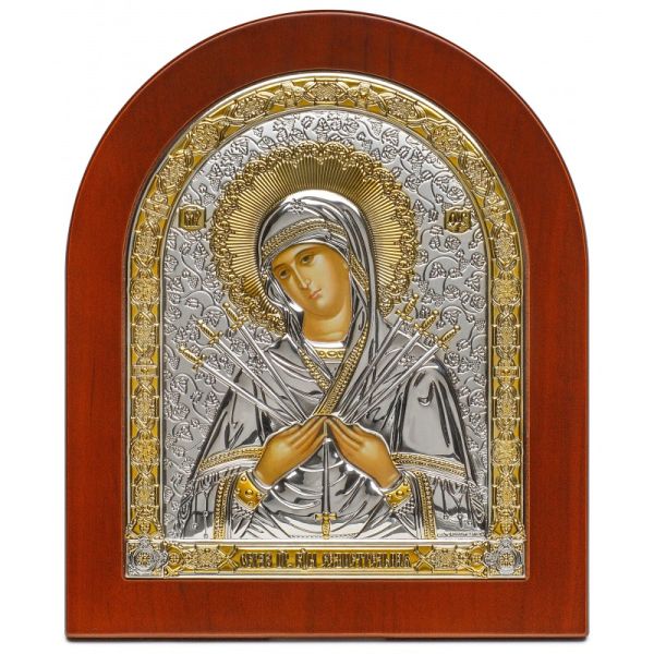 Ikona (grecka) srebrna częściowo pozłacana Matka Boża Bolesna (miecze) 13x15 cm ŁUK - 64557 8059307190589