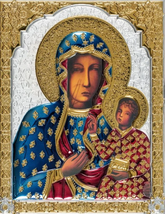 Ikona (grecka) srebrno-kolorowa pozłacana Matka Boża Częstochowska 18x23 cm - 64551 8052278739344