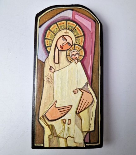 Ikona malowana 10x20cm Matka Boża z Dzieciątkiem na drewnie - 64417