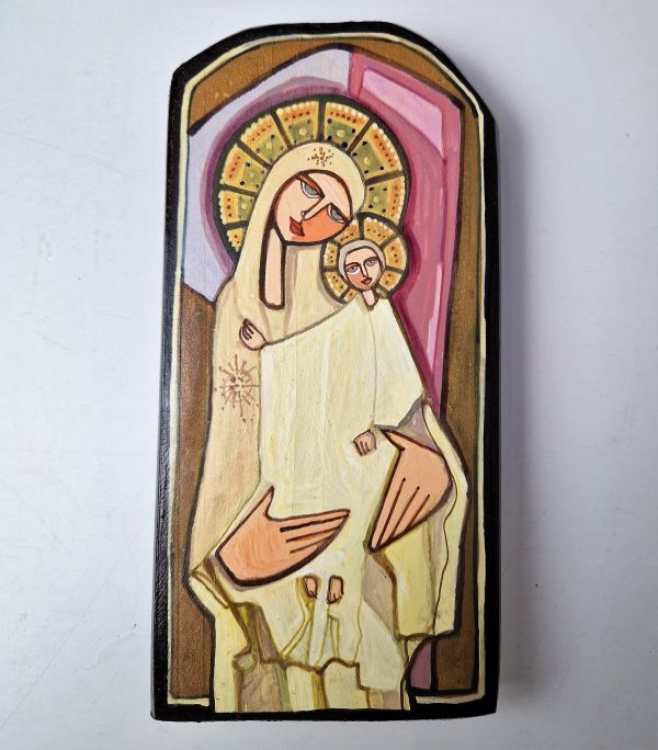 Ikona malowana 10x20cm Matka Boża z Dzieciątkiem na drewnie - 64417