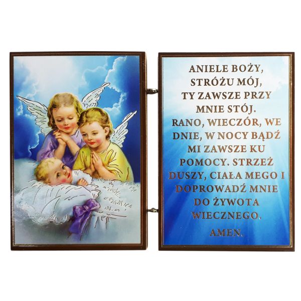 Ikona dyptyk Dwa aniołki nad dzieckiem/MODLITWA: Aniele Boży... drewniana składana 8cm - 63305