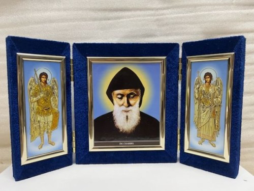 Ikona TRYPTYK średnia Św. Charbel i aniołowie 28,5x17cm - 63293