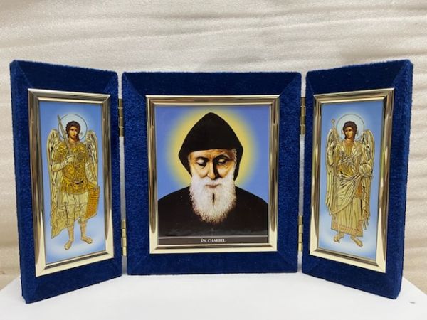 Ikona TRYPTYK średnia Św. Charbel i aniołowie 28,5x17cm - 63293