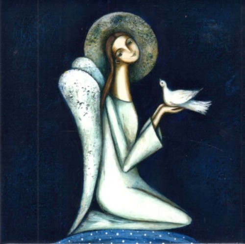 Kafelek na ceramice 15x15cm Anioł z gołąbkiem (granatowe tło) - 63183