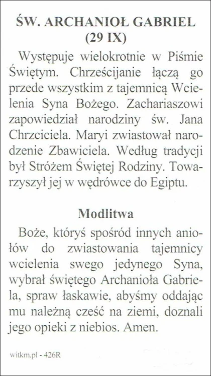 Obrazek św. Gabriel Archanioł. Modlitwa: Boże, któryś spośród innych aniołów... - ! - 63132