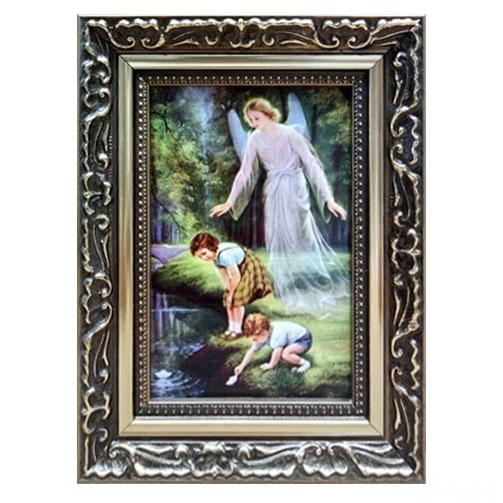 Obraz 10x15cm Anioł Stróż rzeka rama ornament (14,5x19,5cm) - 62922