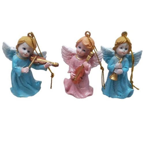 Figura Anioł wiszący/stojący 6cm z instrumentem różowy/niebieski różne wzory - 62176