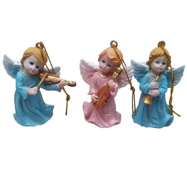 Figura Anioł wiszący/stojący 6cm z instrumentem różowy/niebieski różne wzory - 62176