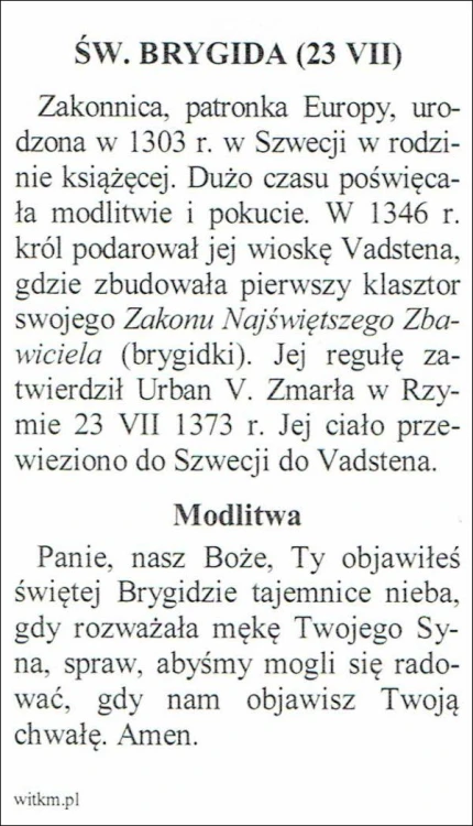 Obrazek św. Brygida. MODLITWA Panie, nasz Boże, Ty objawiłeś św. Brygidzie... - ! - 06115