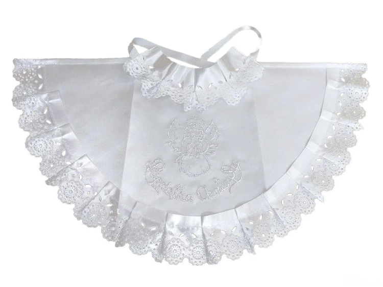 Szatka Chrzest śliniak SREBRNA (aniołek) falbanka atłasowa - 61691