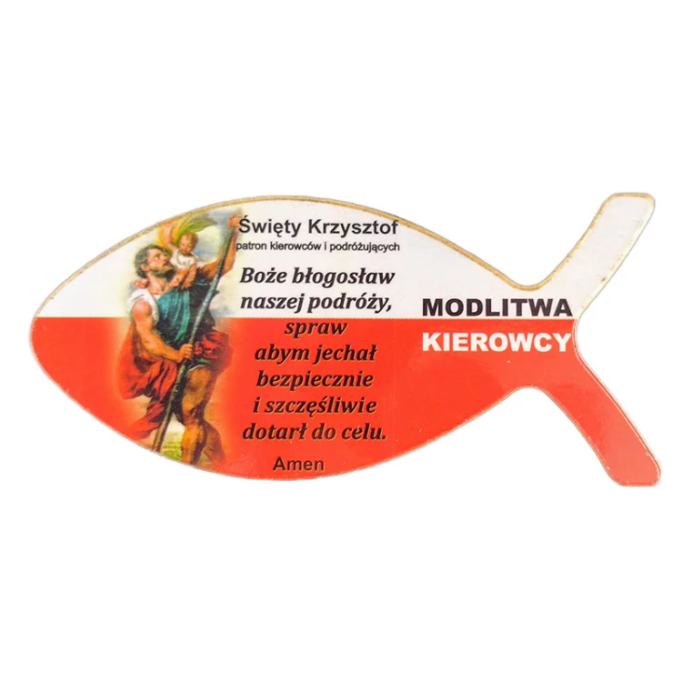 Plakietka drewniana RYBKA biało-czerwona Św. Krzysztof/modlitwa 7x3,5cm - 60870