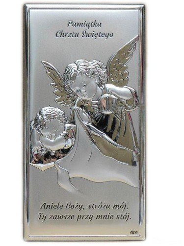 Obraz srebrny 11x22cm Anioł Stróż latarka prostokąt "Aniele Boży..." Pamiątka - 60685