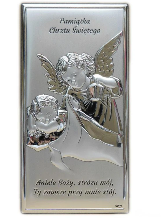 Obraz srebrny 11x22cm Anioł Stróż latarka prostokąt "Aniele Boży..." Pamiątka - 60685